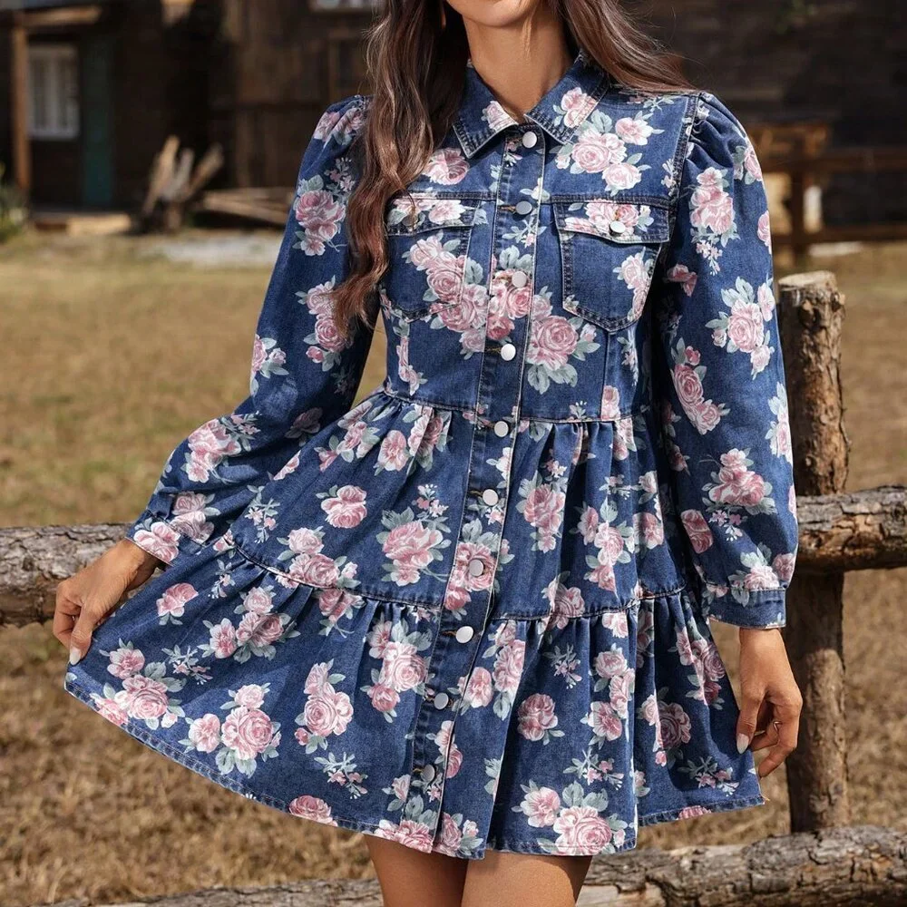 Light Wash Boho Women's Floral Print Single-Breasted Ruffle Casual Denim Dress - Picture 5 of 6